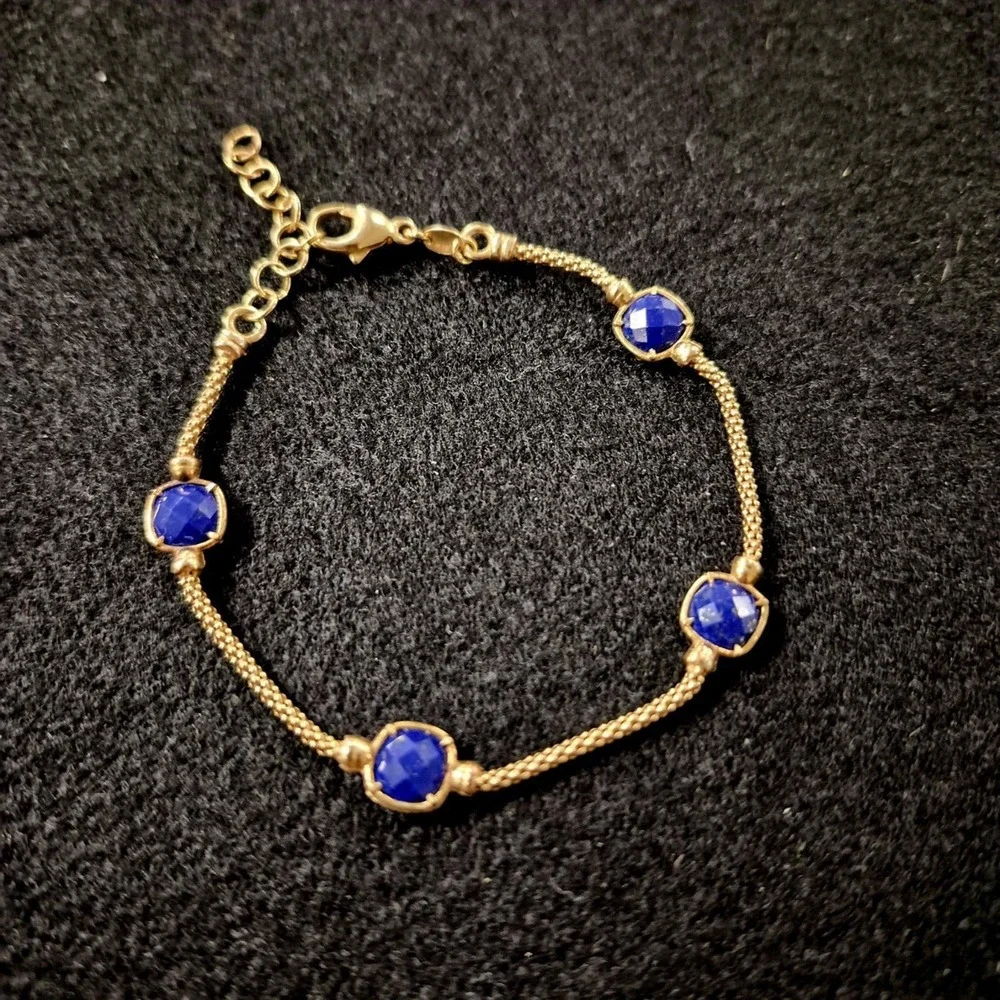 Lab Grown Lapis Lazuli Chain Bracelet 14k Gold-Plated Silver